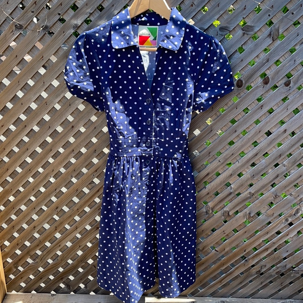 Fervour Vintage-Inspired Navy Blue Polka Dot Dress